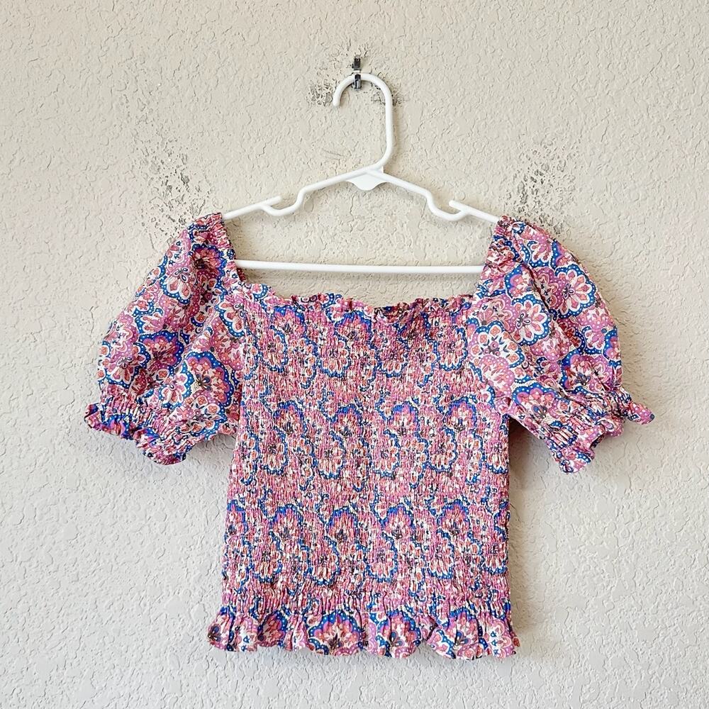 MINI BODEN Blouse Top Pink Floral Smocked Ruffled Puff Sleeve Cotton